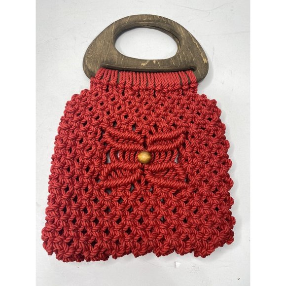 Vintage Macrame Purse Woven Wooden Handle Handbag Handmade Red Unique Boho - Picture 1 of 5